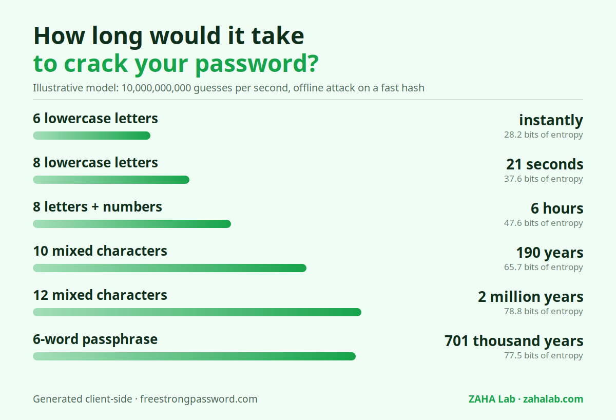 Chart: estimated time to crack passwords by pattern, from instantly for 6 lowercase letters to thousands of years for a 12-character mixed password or a 4-word passphrase